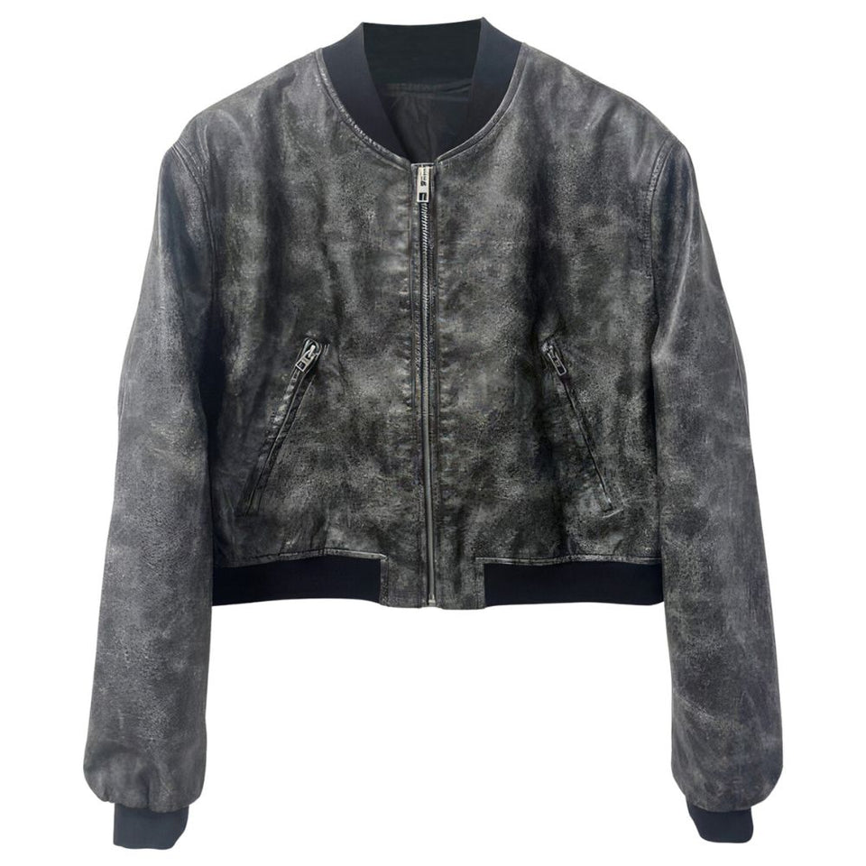 Women’s Distressed Grey Bomber Genuine Sheepskin Leather Jacket