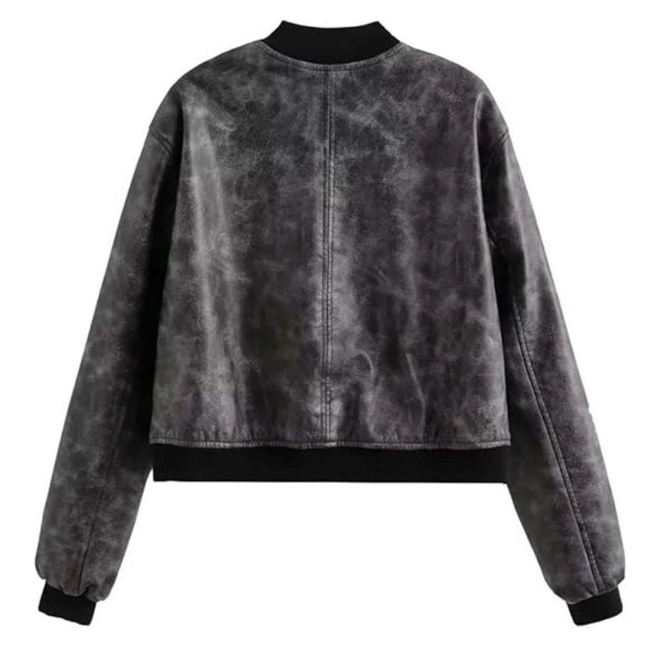 Women’s Distressed Grey Bomber Genuine Sheepskin Leather Jacket