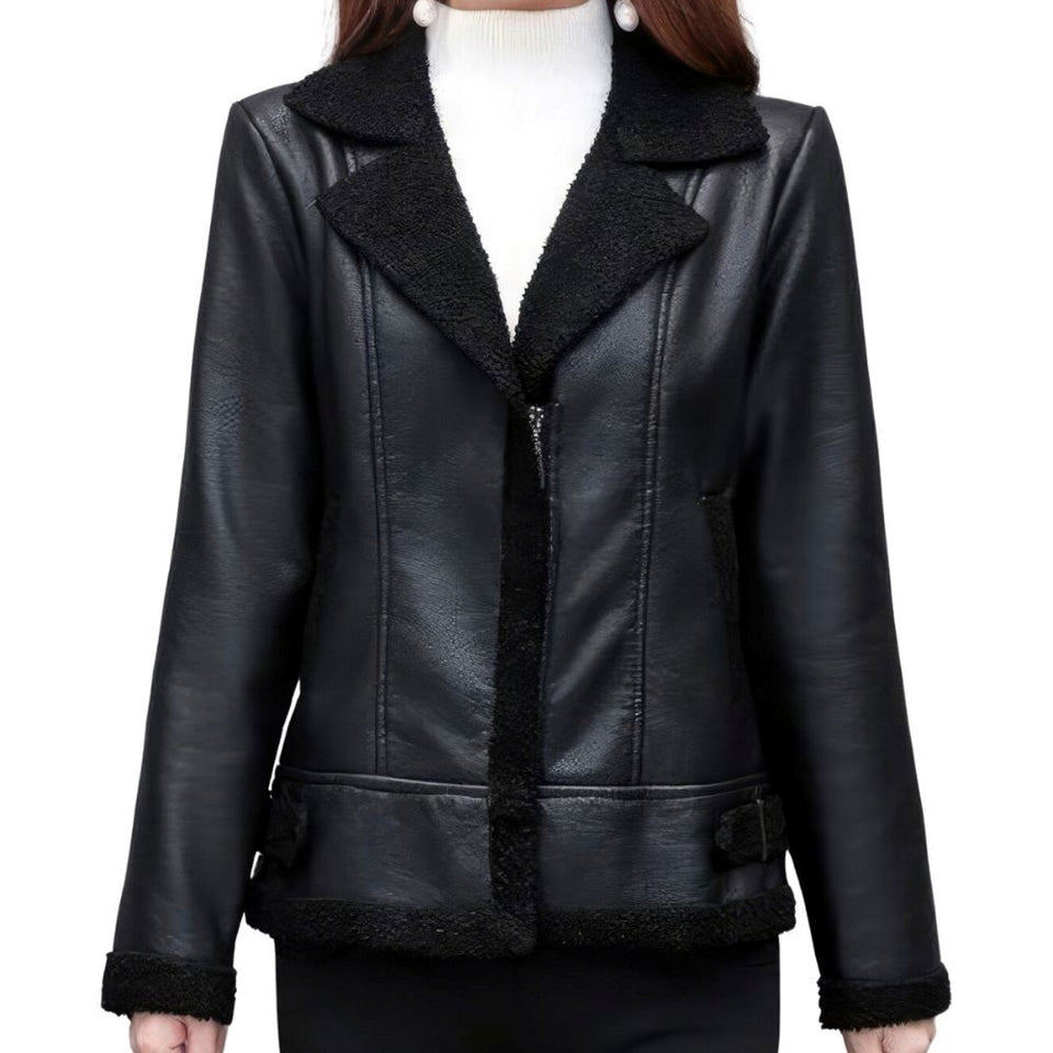 Women’s Black Bomber Faux Shearling Fur Premium Sheepskin Leather Jacket