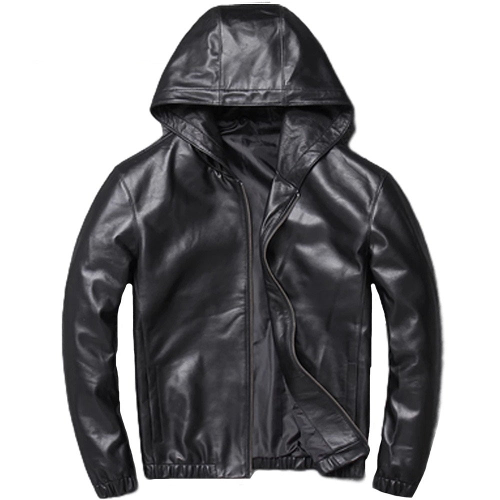Mens Phantom Simple Genuine Lambskin Leather Hooded Bomber Jacket