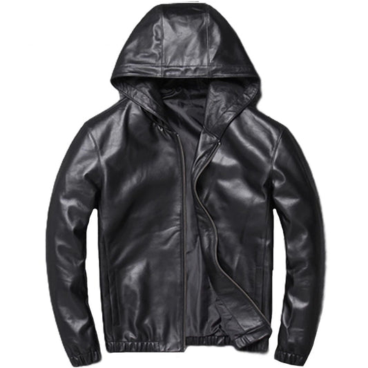 Mens Phantom Simple Genuine Lambskin Leather Hooded Bomber Jacket