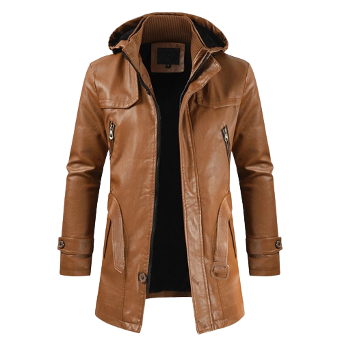 Mens Onyx Front Button and Zippered Hooded Leather Coat