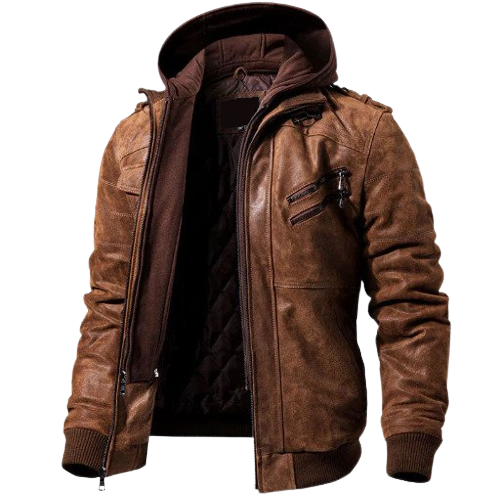 Mens Nomad Genuine Lambskin Leather Distressed Hooded Bomber Jacket